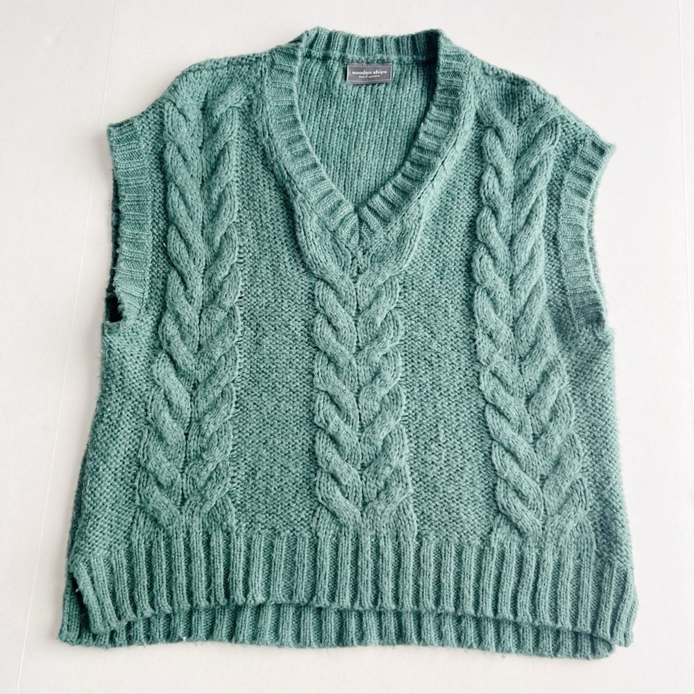 Wooden Ships Sweater Vest Green Mohair Wool Blend Cable Knit XS oversized v neck